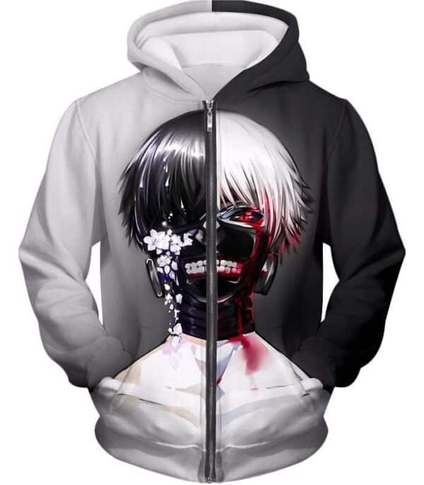 Tokyo Ghoul Zip Up Hoodie - Tokyo Ghoul Half Human Half Ghoul Ken Kaneki Graphic Zip Up Hoodie