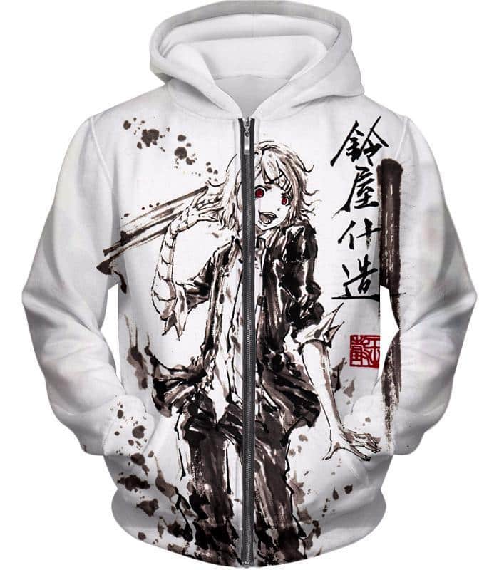 Tokyo Ghoul Zip Up Hoodie - Tokyo Ghoul Juuzou Suzuya Ghoul Investigator Sketch White Zip Up Hoodie - Zip Up Hoodie